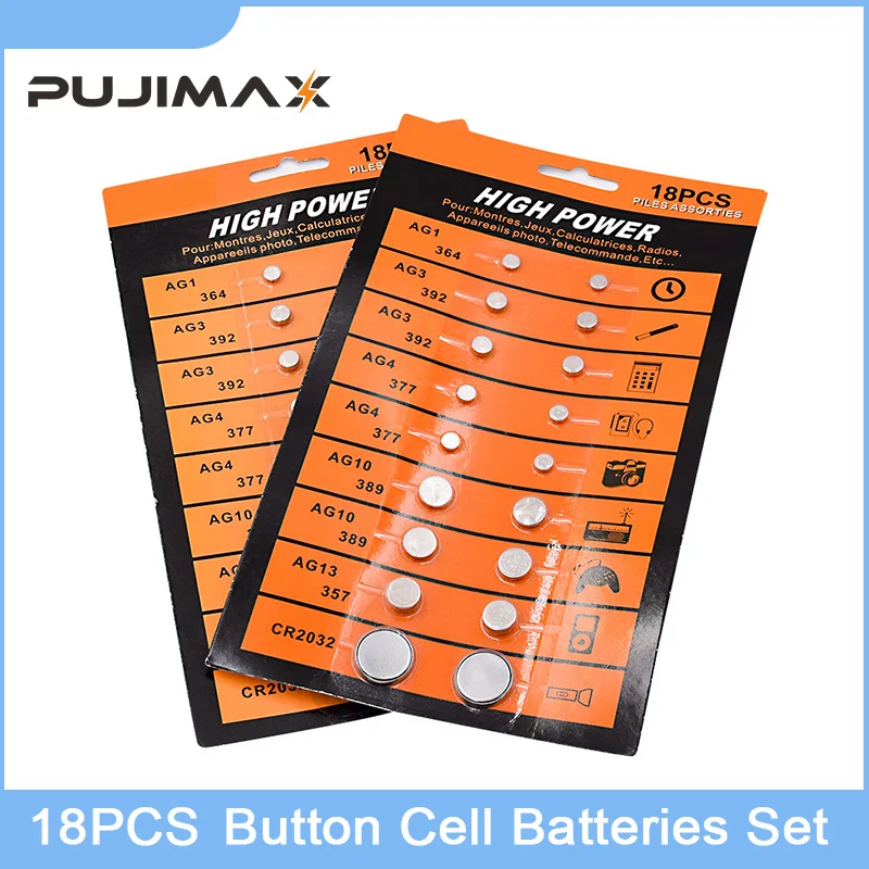 PUJIMAX 18Pcs/Set Button Cell Batteries AG1/AG3/AG4/AG10/AG13/CR2032 Button Battery Set Clocks Watches Calculators MP3 Players
PUJIMAX 18Pcs/Set Button Cell Batteries AG1/AG3/AG4/AG10/AG13/CR2032 Button Battery Set Clocks Watches Calculators MP3 Players