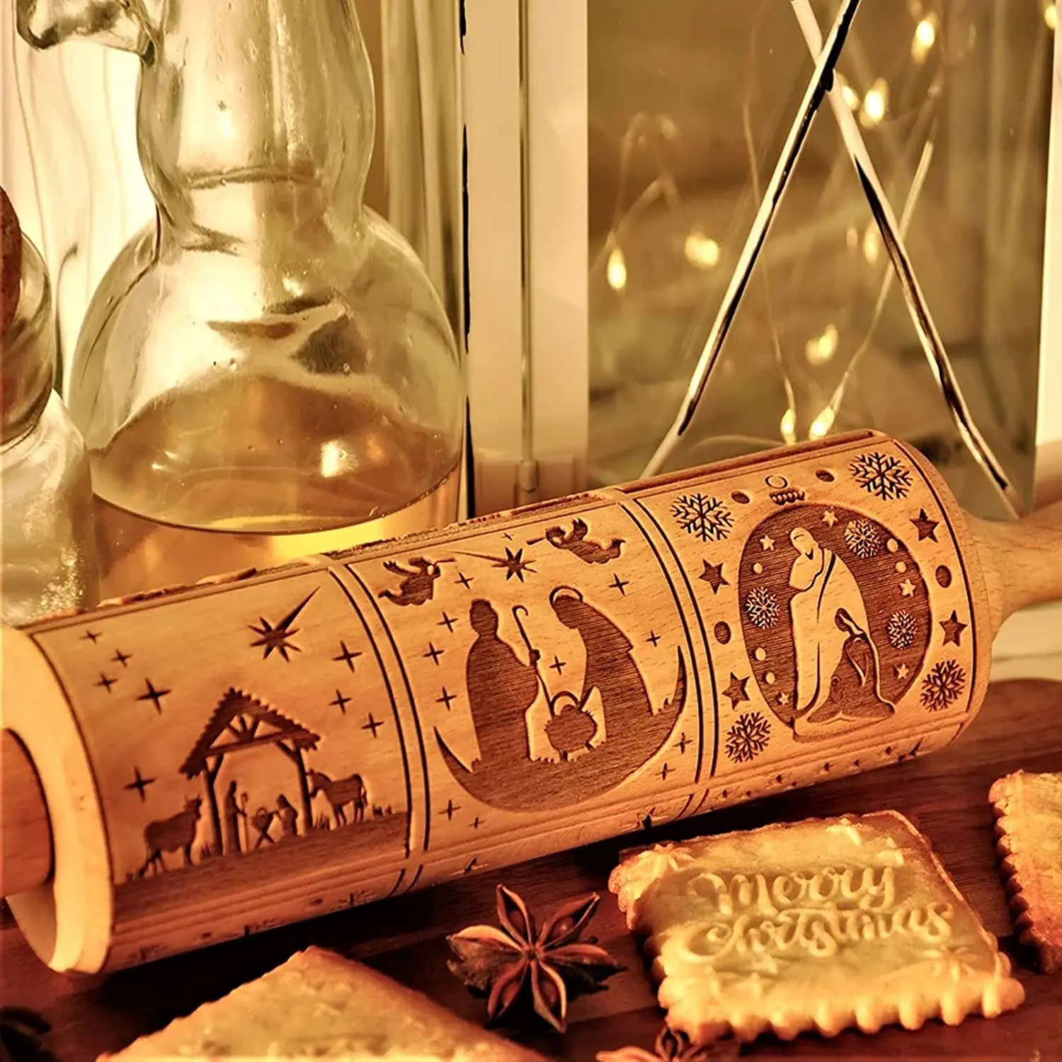 

Nativity Engraved Rolling Pin Embossed Dough Roller Xmas Cookie Cutter Kitchen Pastry Christmas Engraved Rolling Pin for Baking