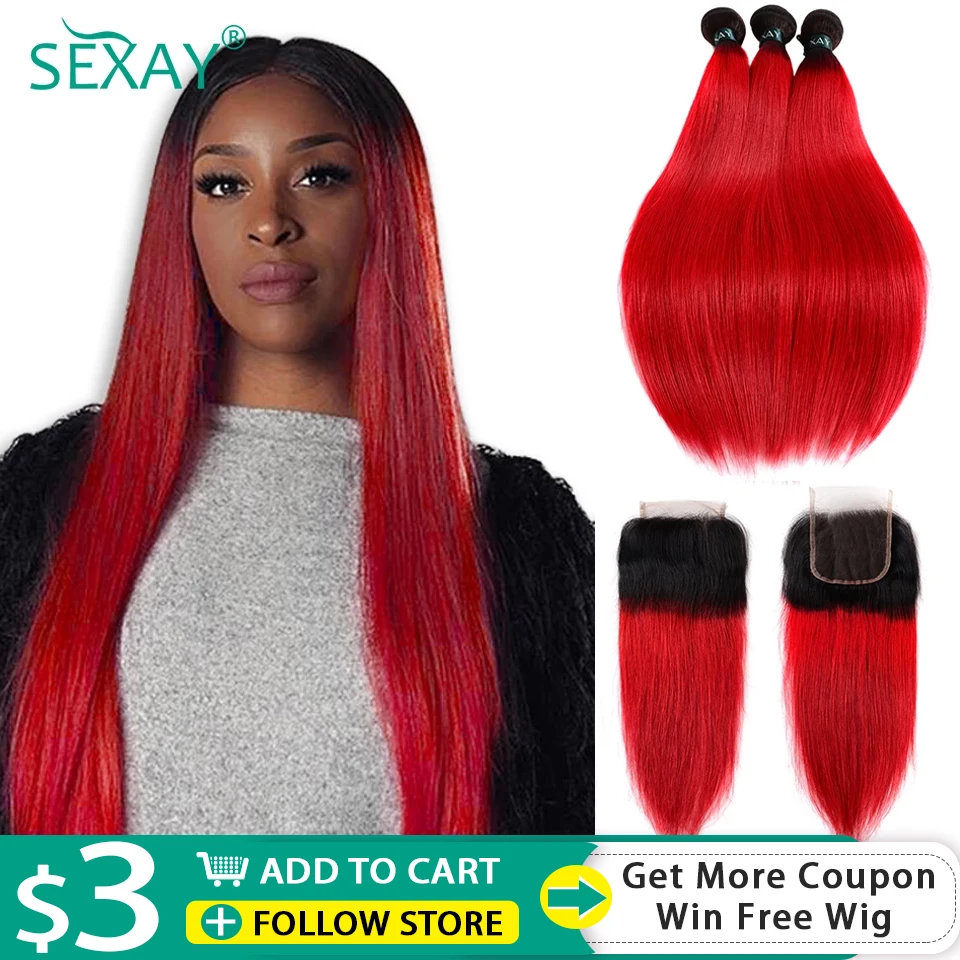 

Sexay 1B Red Straight Human Hair Bundles 3 Pcs with Closure Soft Indian Ombre Hair Weave Bundles and 4x4 Brown Lace Closures