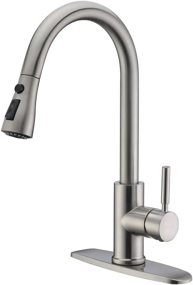 

POPTOP Single Handle High Arc Brushed Nickel Pull Out Kitchen Faucet,Single Level Kitchen Sink Faucets with Pull Down Sprayer
