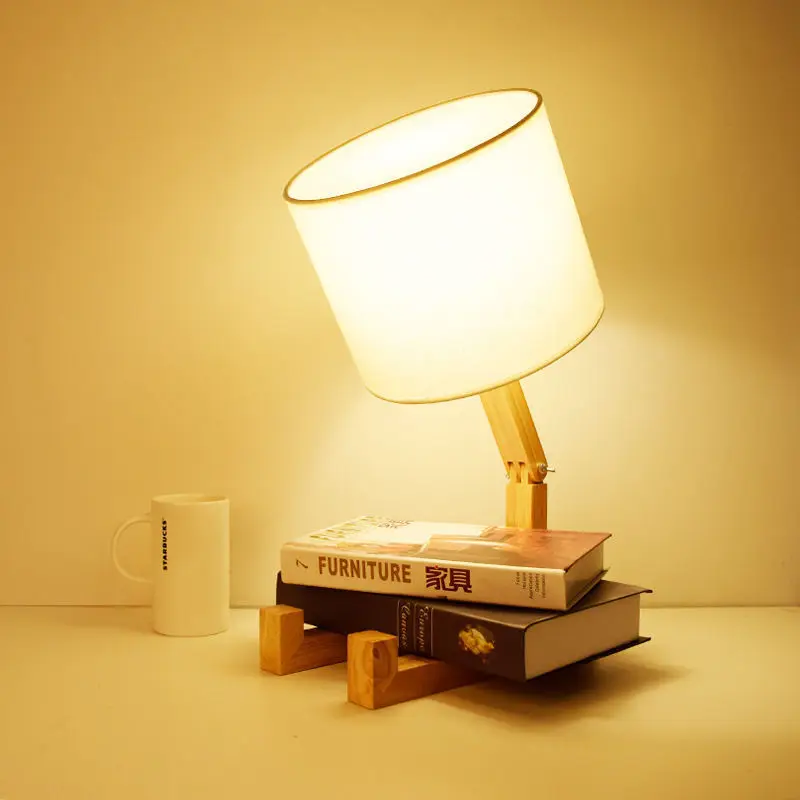 

E14 Lamp Holder 110-240V Modern Cloth Art Wood Desk Table Lamp Parlor Indoor Study Night Light Robot Shape Wooden Table Lamp