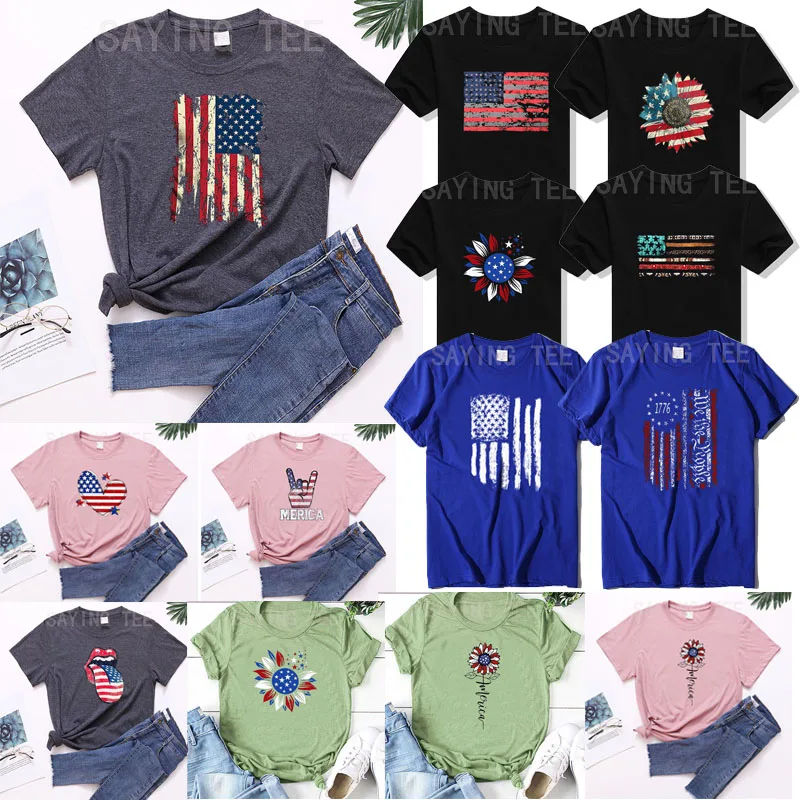 

American USA Flag Stars Stripes Print T-Shirt Women Patriotic Tee Tops 4th of July Independence Day Clothes Summer Loose Outfits