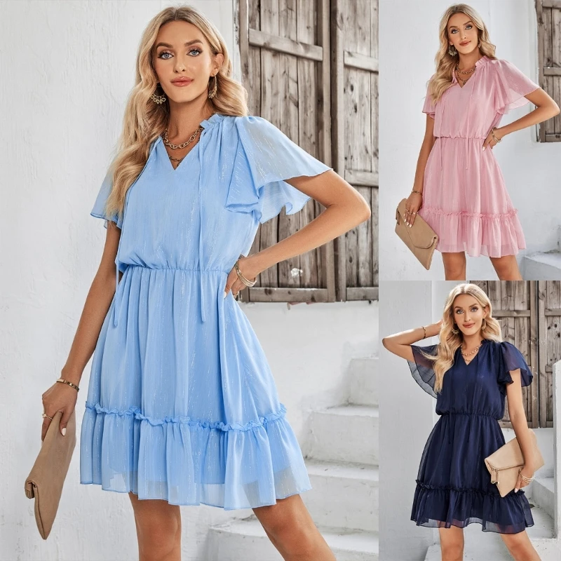 Womens Chiffon A-Line Flowy Short Dress V-Neck Drawstring Flutter Short Sleeve Casual Loose Tiered Ruffled Swing Dresses
Womens Chiffon A-Line Flowy Short Dress V-Neck Drawstring Flutter Short Sleeve Casual Loose Tiered Ruffled Swing Dresses