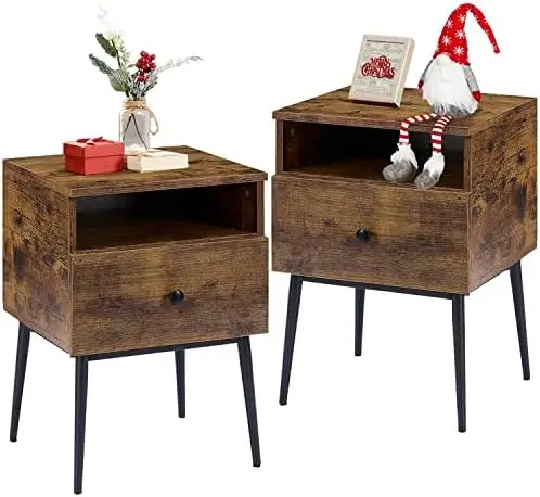 Set of 2, Modern Side End Tables with Drawer and Storage Shelf for Living Room Bedroom, Industrial Wood & Metal Frame, Night Tea
Set of 2, Modern Side End Tables with Drawer and Storage Shelf for Living Room Bedroom, Industrial Wood & Metal Frame, Night Tea