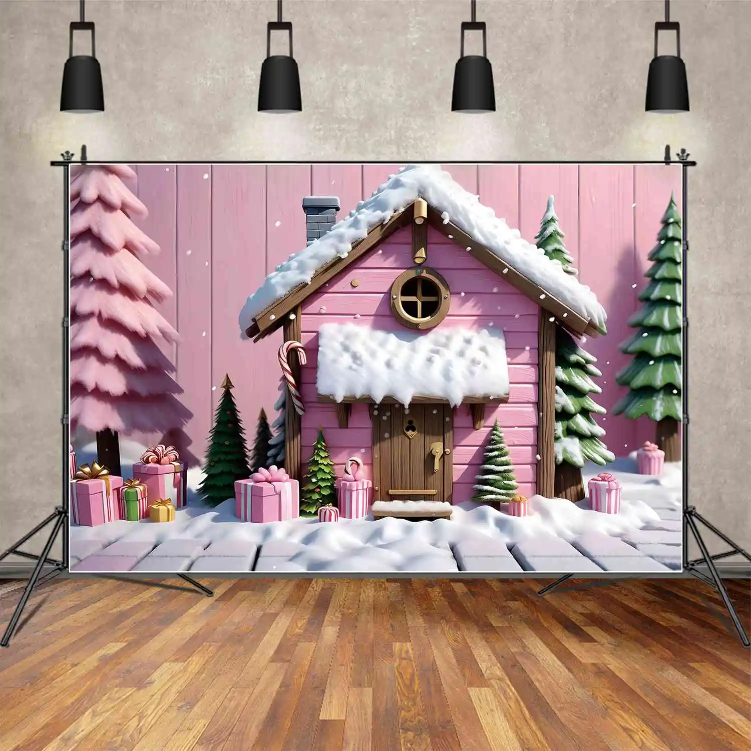 

MOON.QG Backdrop Baby Pink Christmas Photocall Background Children Gifts Wood Cabin Plank Home Party Decoration Photography Prop