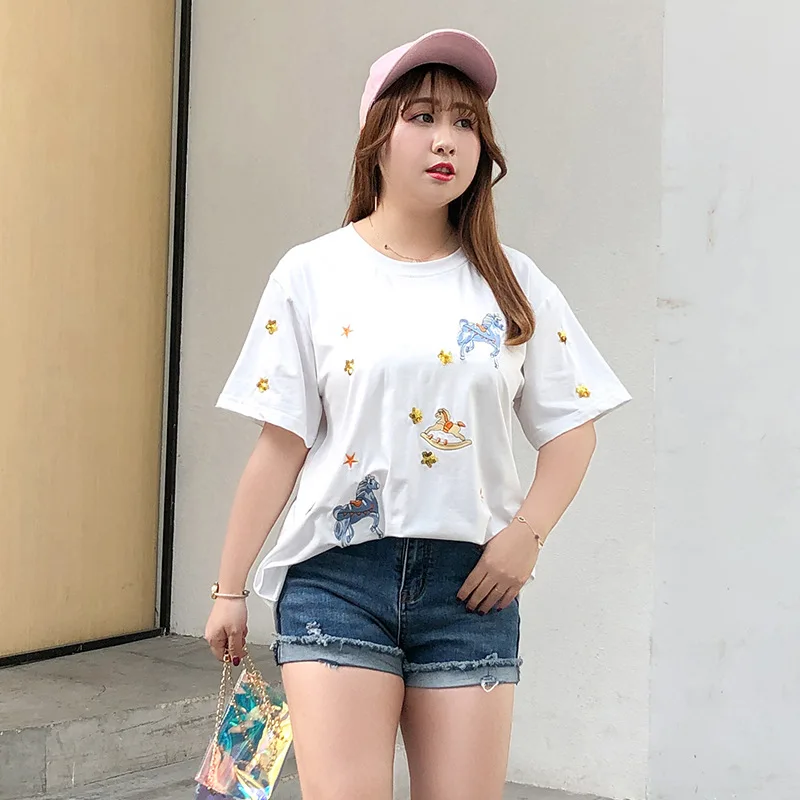 Summer 4xl Round Neck Cute Cartoon Fat Mm Loose Embroidery T-Shirt NEW Casual Loose Fat Girl Large Women's Sequins Fashion Tees
Summer 4xl Round Neck Cute Cartoon Fat Mm Loose Embroidery T-Shirt NEW Casual Loose Fat Girl Large Women's Sequins Fashion Tees