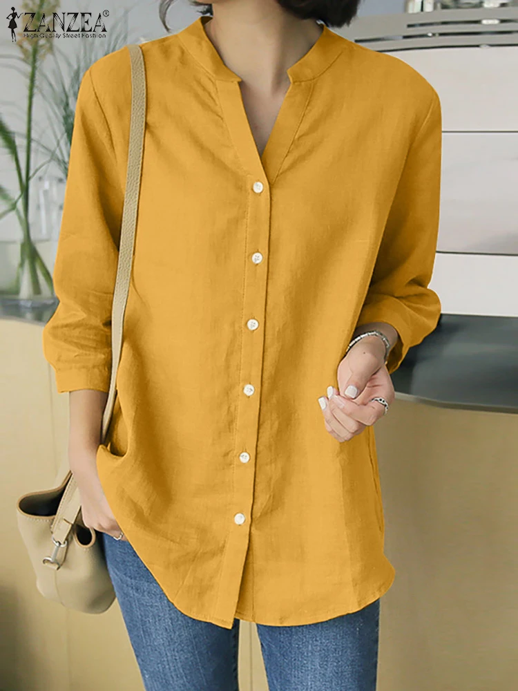 

Женская блузка с асимметричным подолом ZANZEA, Однотонная рубашка с рукавом 2022 и V-образным вырезом, Элегантная Модная винтажная Свободная раб...