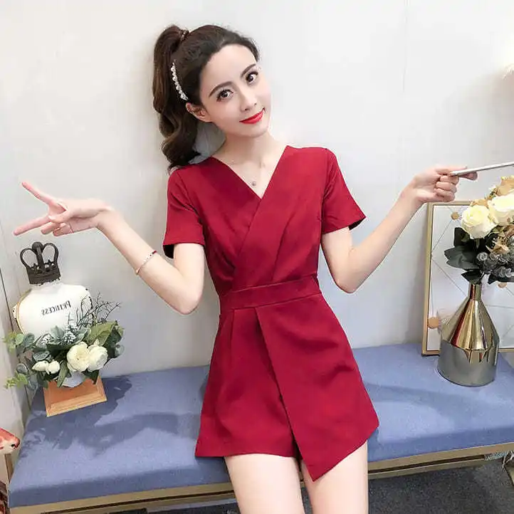 

Women Romper Short Sleeve Lapel Neck Knitting Playsuits Solid Color Slim Fit Casual Wrapped Short Jumpsuit Shorts Overall X16
