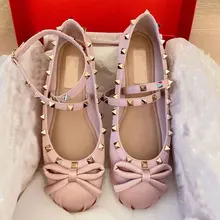 NEW French Style Rivets Bandage Round Toe Womens Bow Silk Satin Ballet Flat Spring/Autumn Flats Bow Princess Girls Women Shoes