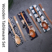 Spoon Chopsticks Fork Cutlery Cloth Bag Wooden Tableware Set Students Dinnerware Portable Travel Environment Kitchen Accessories