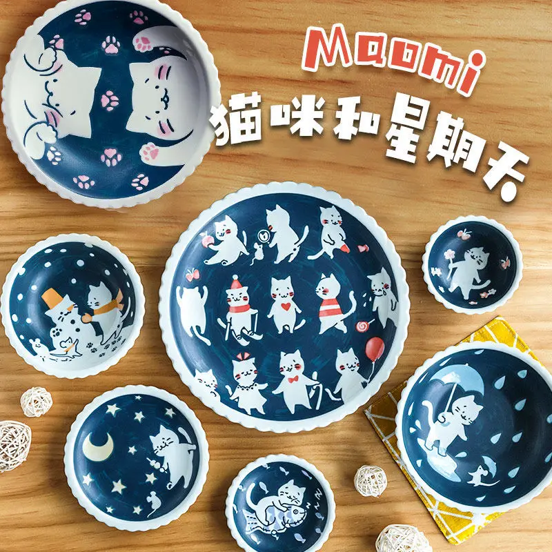 

Посуда в японском стиле с изображением мультяшного кота, милая креативная посуда, бытовые тарелки, чаши, кружки, обеденная тарелка, пластины...