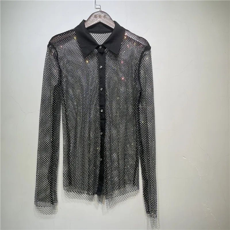 Новая Сексуальная Женская Клубная рубашка из хрустальной ткани, восхитительная уличная одежда с бриллиантами, вечерняя блузка, топы, кардиган 
Новая Сексуальная Женская Клубная рубашка из хрустальной ткани, восхитительная уличная одежда с бриллиантами, вечерняя блузка, топы, кардиган