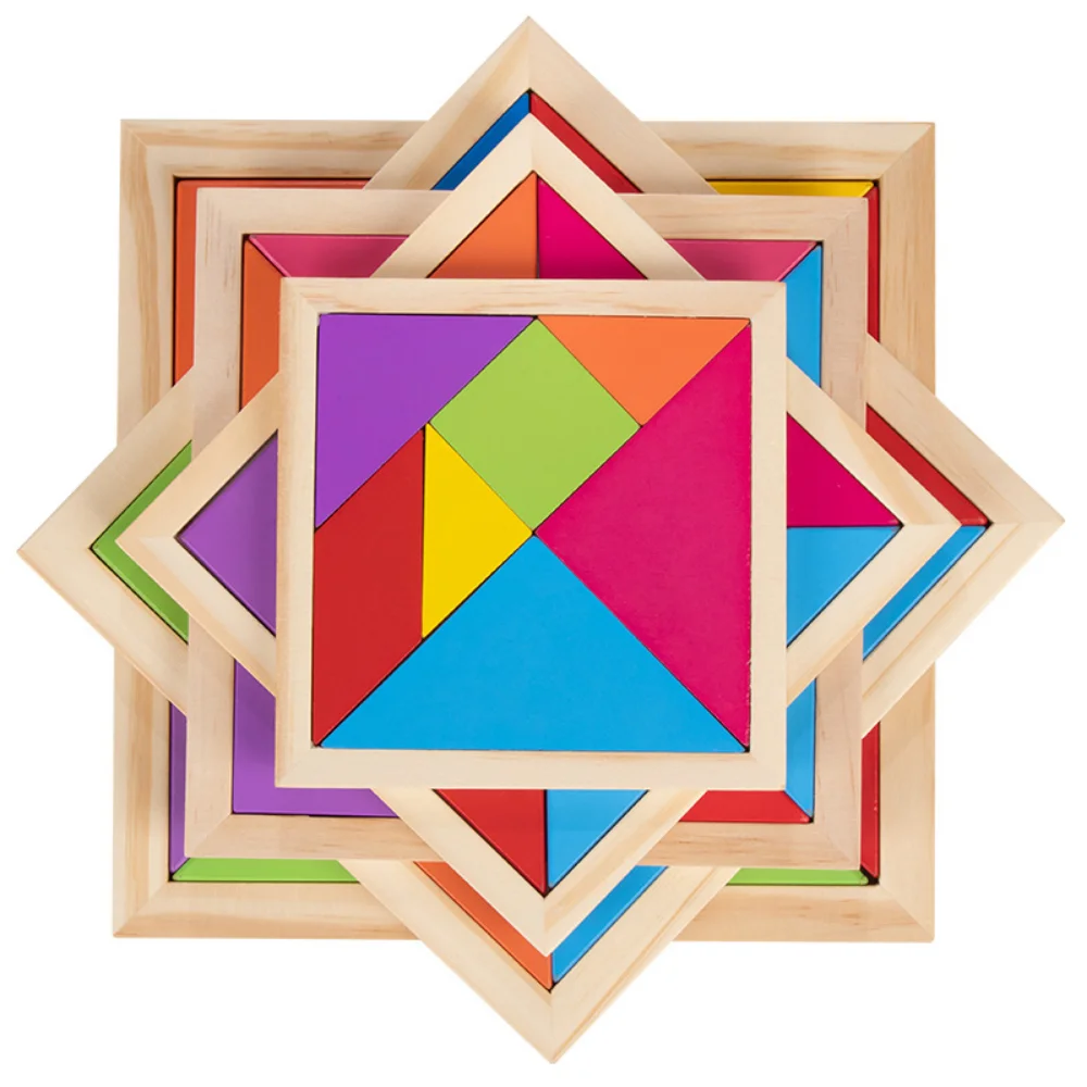 

Montessori Wooden Jigsaw Puzzle Tangram 7 Piece Puzzle Colorful Square IQ Game Brain Teaser Intelligent Education Toys for Kids