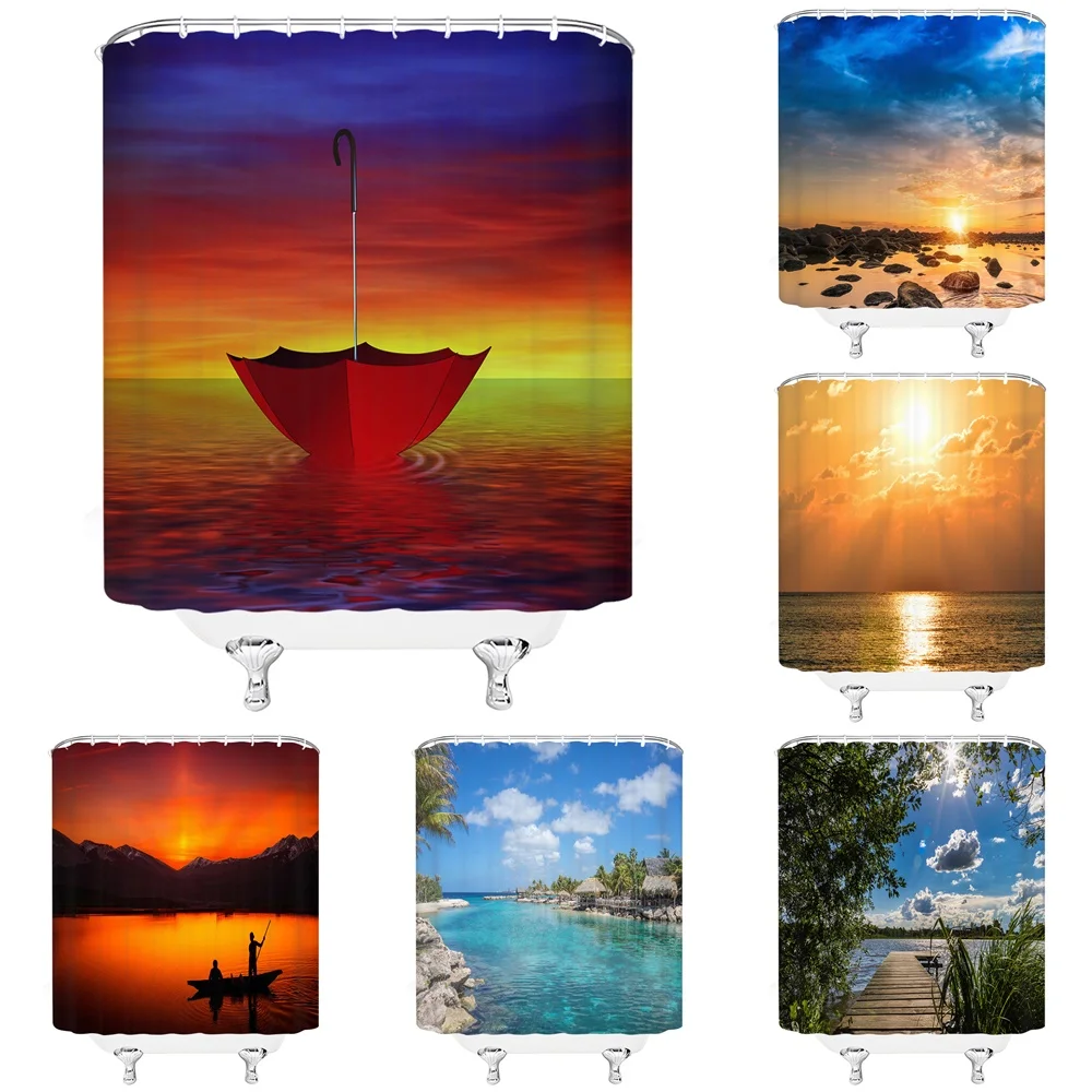 

Sunlight Ocean Beach Shower Curtain Fabric Bathroom Curtains Sunset Dusk Reef Sea Scenery Waterproof Bath Screen With Hooks Home