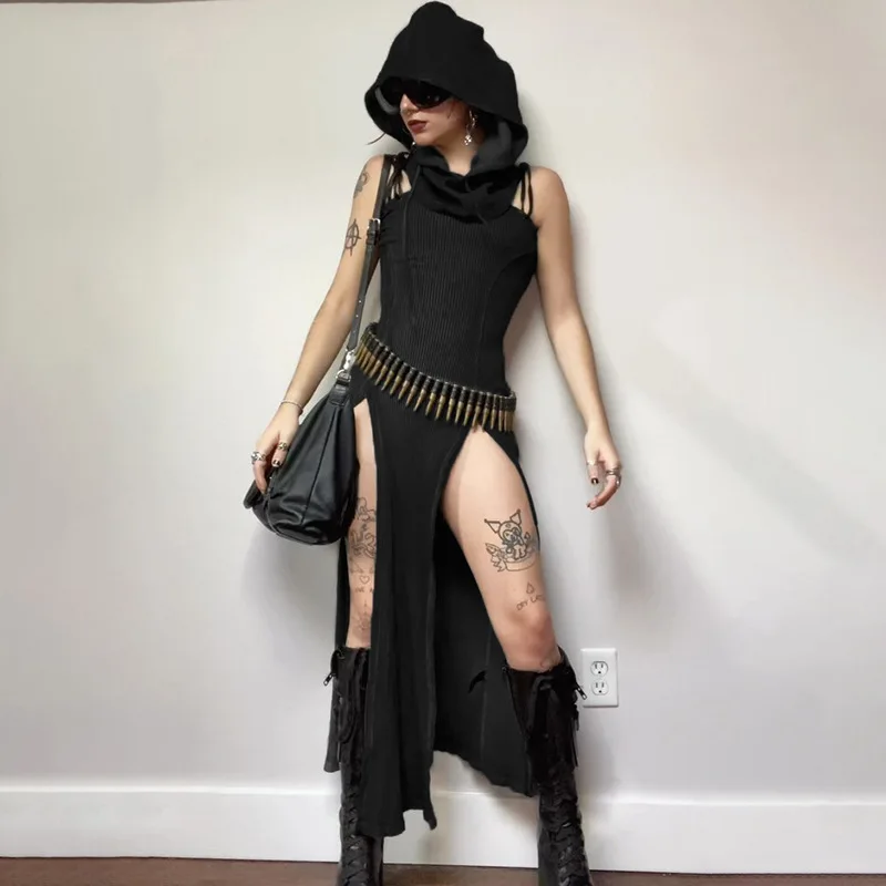 

Dark Gothic Hooded Waist Dress Music Festival Women's Clothing Yk2 Fashion Sexy Solid Color High Slit Witch Hooded Slim Dress