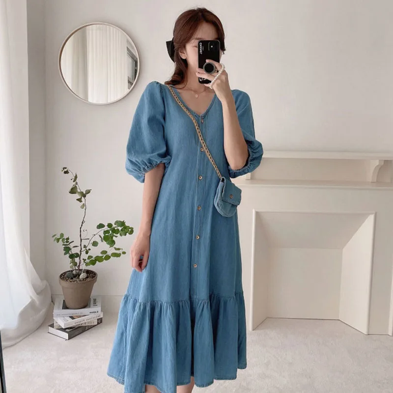 New Summer Retro Women Dress V Neck Single Breasted Baggy Ruffle Robe Femme Fashion Casual Short Sleeve Denim Vestidos Mujer
New Summer Retro Women Dress V Neck Single Breasted Baggy Ruffle Robe Femme Fashion Casual Short Sleeve Denim Vestidos Mujer