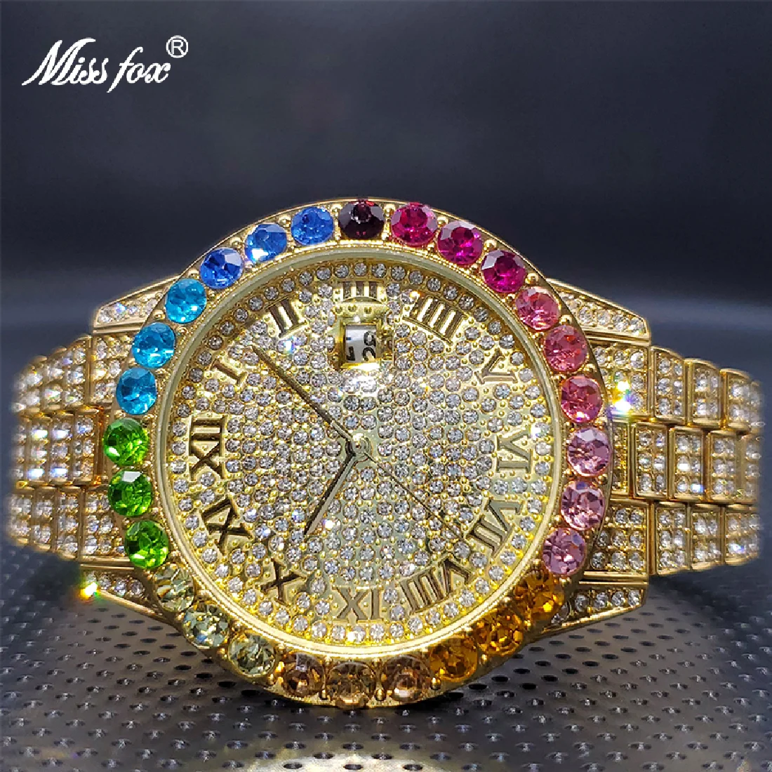 18K Gold RelojHombre MISSFOX Rainbow Bezel Ice Out Diamond Fashion Couple Watch Calendar Waterproof Quartz Watches Droshipping
18K Gold RelojHombre MISSFOX Rainbow Bezel Ice Out Diamond Fashion Couple Watch Calendar Waterproof Quartz Watches Droshipping