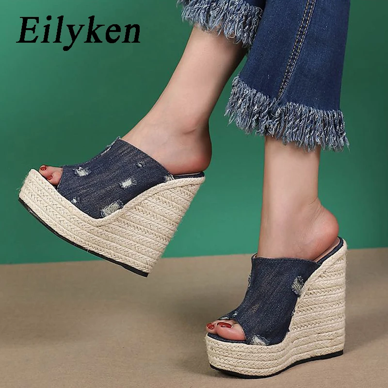 

Eilyken Summer Denim Peep Toe Cane Straw Weave Slippers Solid Platform Wedges Sandals Women Fashion High Heels Female Shoes