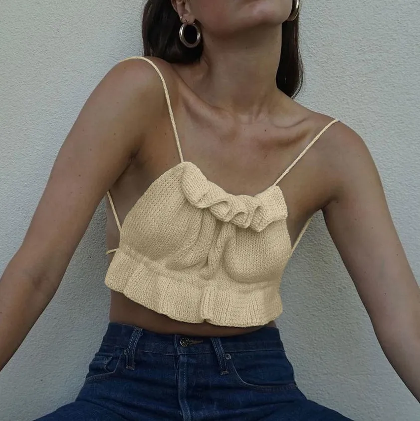 

White Knitted Corset Crop Top Y2k Women Sexy Backless Short Tank Crochet Tops Summer New Off Shoulder Ruffled Camis Tees Bandage