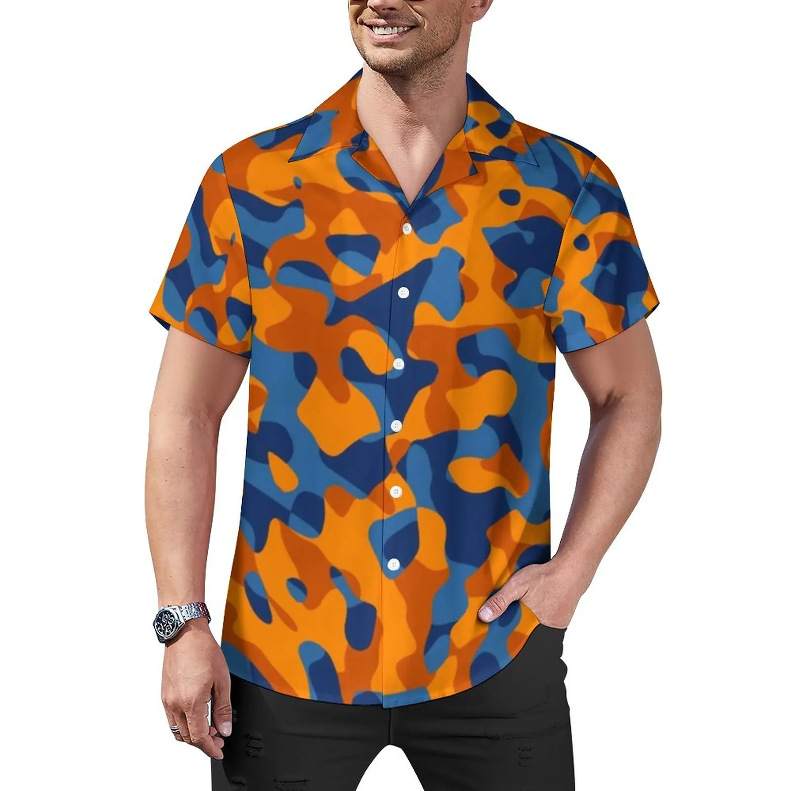 

Сине-оранжевая камуфляжная блузка, Мужская камуфляжная Повседневная рубашка, гавайская модная негабаритная рубашка с коротким рукавом, для отпуска в подарок