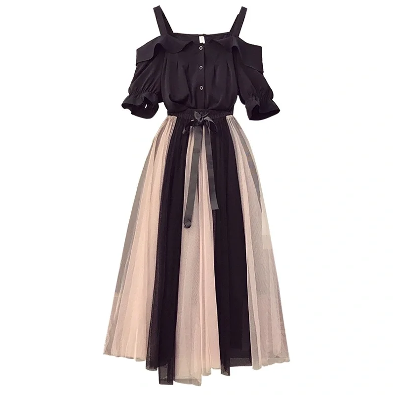 

Women Summer Clothing Suit Fashion Slash Neck Black Shirt Skirts Set Korean Sweet Girls Flare Sleeve Layers Mesh Bow-Knot Dress