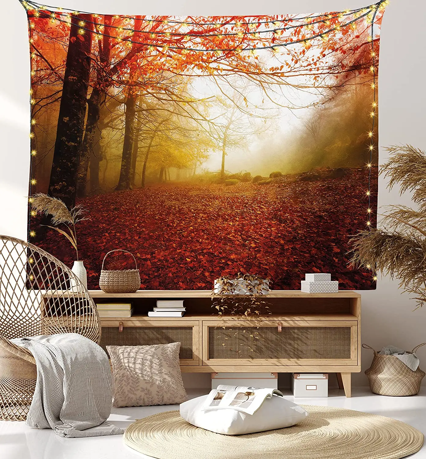 

Nature Tapestry Enchanted Autumn Forest in Foggy with Faded Shady Leaves Misty Fall Scenery Wide Wall Hanging for Bedroom