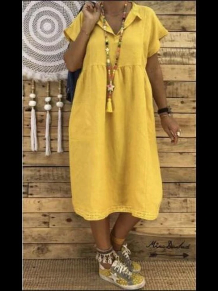Oversized Clothes Casual Lapel Collar Short Sleeve Summer Dresses Chic Lace Hem Loose Women Solid Color Cotton Linen Dress
Oversized Clothes Casual Lapel Collar Short Sleeve Summer Dresses Chic Lace Hem Loose Women Solid Color Cotton Linen Dress