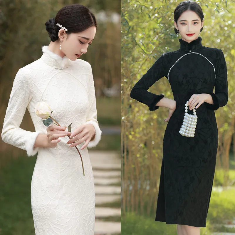 

White Elegant Bride Chinese Traditional Dress Classic Mandarin Collar Cheongsams Lace Winter Qipao Oriental Slim Party Prom Gown