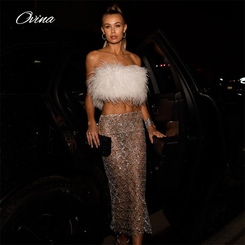 Fashion Feather Sequins Design Sexy Strapless Women's Crop Top Skirt Set Mesh Splicing Bandage Two Piece Night Club Party
Fashion Feather Sequins Design Sexy Strapless Women's Crop Top Skirt Set Mesh Splicing Bandage Two Piece Night Club Party
