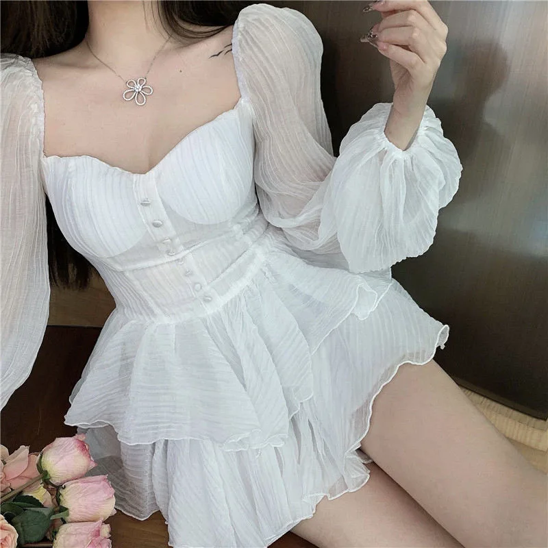 

Deeptown Fairycore Off Shoulder Ruffles Princess Dresses Women French See Through High Waist Lantern Sleeve Bodycone Mesh Dress