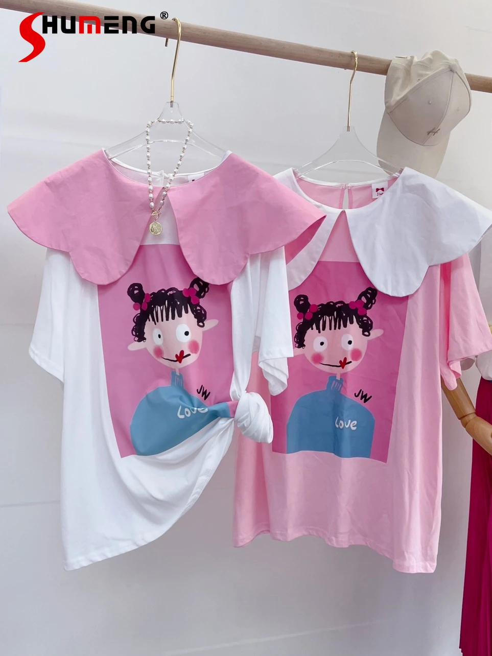 Peter Pan Collar Short Sleeve Cartoon Printed T-shirt Women's Loose Slimming Round Neck Korean Style Cute Top Fashion T Shirts
Peter Pan Collar Short Sleeve Cartoon Printed T-shirt Women's Loose Slimming Round Neck Korean Style Cute Top Fashion T Shirts