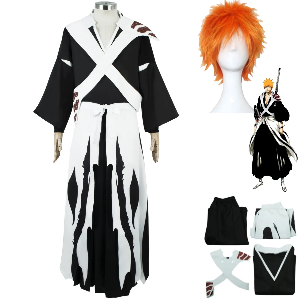 

Anime BLEACH Thousand-Year Blood War Kurosaki Ichigo Cosplay Costume Wig Black Kimono Combats Uniform Outfit Man Halloween Suit