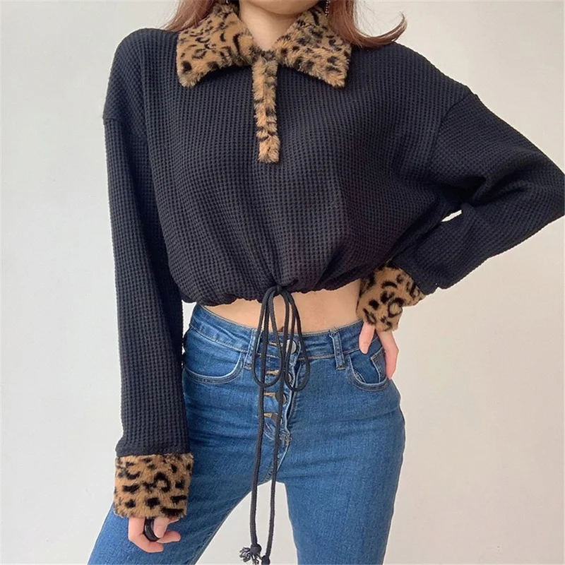Women Spring 2021 Tops Leopard Lapel Collar T-Shirt Long Sleeve Crop Spring Lady Fashion Waist Ruched Female Tee Shirt Clothing
Women Spring 2021 Tops Leopard Lapel Collar T-Shirt Long Sleeve Crop Spring Lady Fashion Waist Ruched Female Tee Shirt Clothing