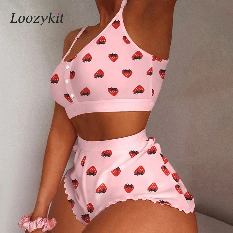 

NEW 2 Pieces Women's Kawaii Strawberry Print Frill Hem Cami Pajama Set 2022 Femme Cute Crop Top Shorts Suits Lady Sleepwear