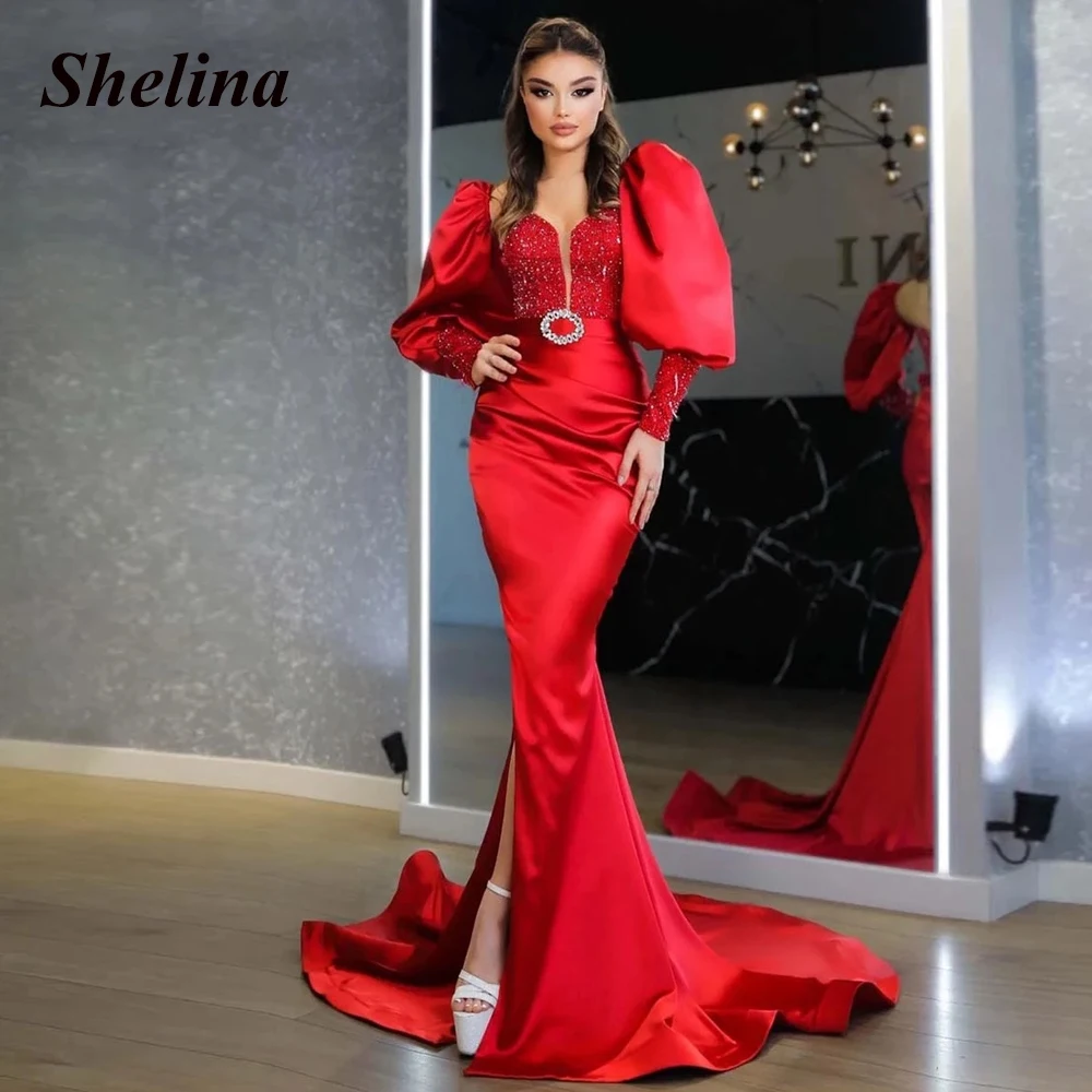 Exquisite Sequins Belt Slit Trumpet Prom Evening Dresses V-neck Puff Sleeve Prom Dresses Vestidos Robes De Soirée Customized 
Exquisite Sequins Belt Slit Trumpet Prom Evening Dresses V-neck Puff Sleeve Prom Dresses Vestidos Robes De Soirée Customized