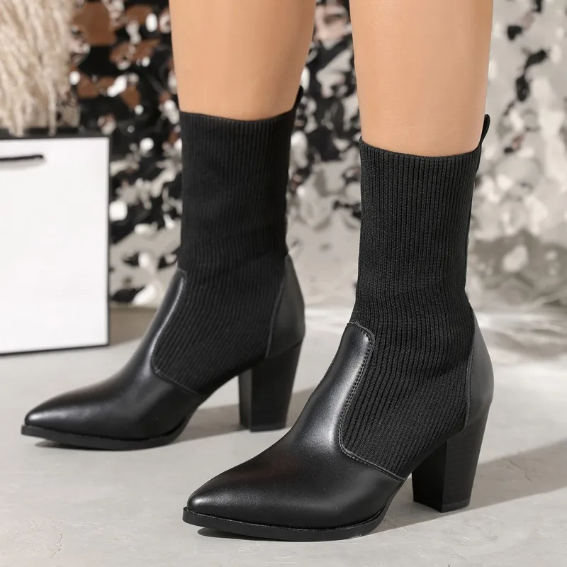 

Женские вязаные ботинки-носки до щиколотки, обувь на высоком каблуке, новинка 2023, зимние ботинки челси, дизайнерские Соблазнительные массивные туфли-лодочки с острым носком, готические сапоги