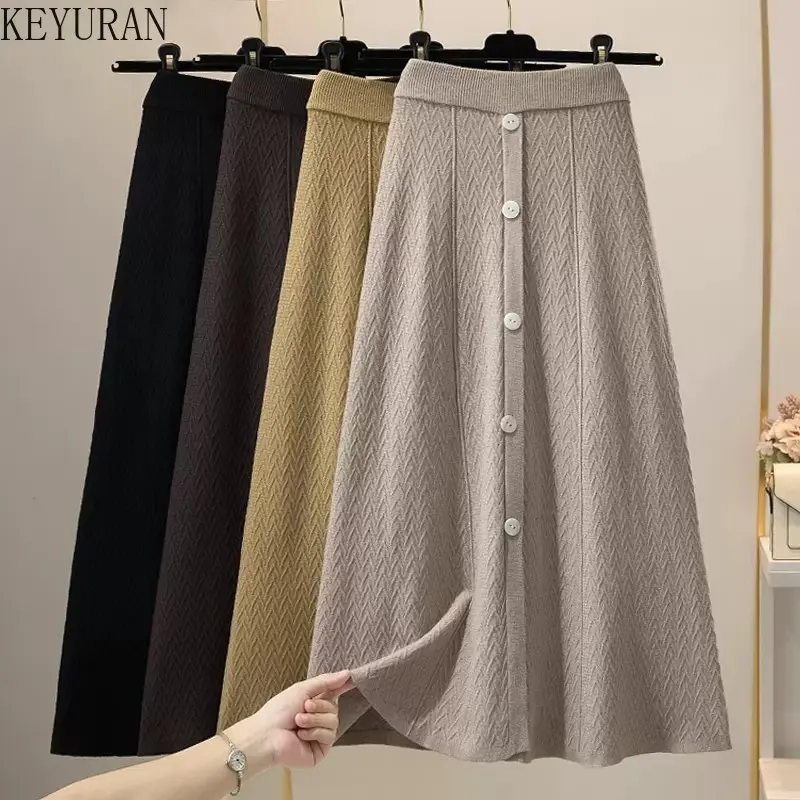 Women Knitted Skirt A-Line High Waist Midi Skirt Simple Black Elegant Single-breasted Skirt Spring Autumn Winter Femme 2022 New
Women Knitted Skirt A-Line High Waist Midi Skirt Simple Black Elegant Single-breasted Skirt Spring Autumn Winter Femme 2022 New