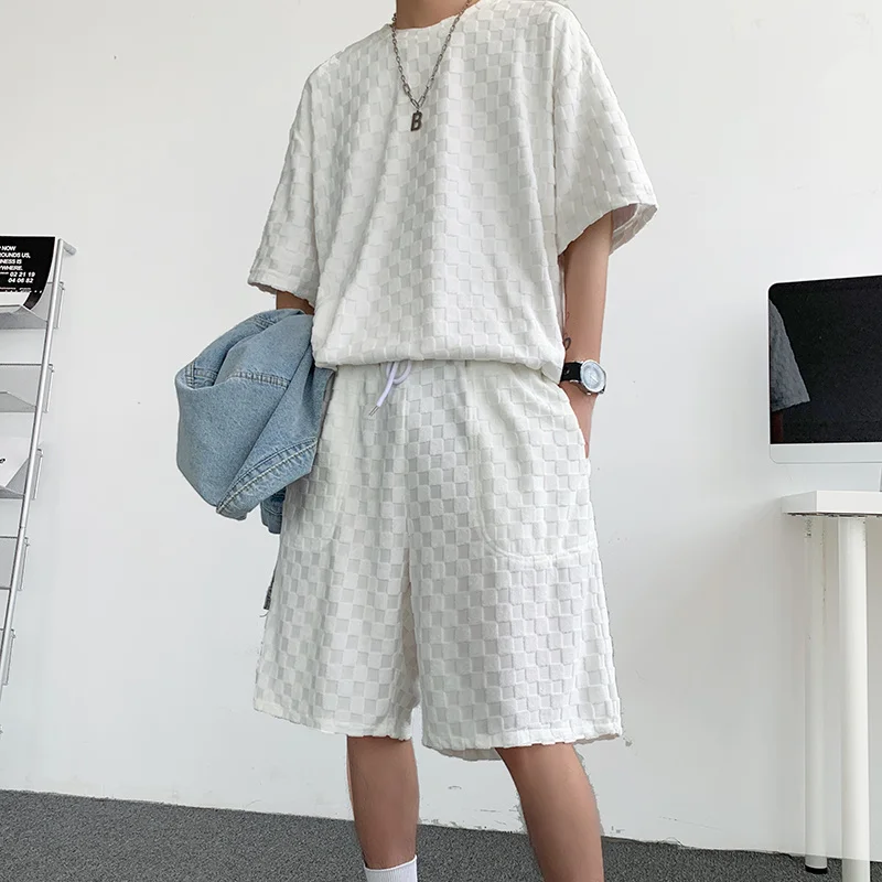 Summer 3-color Cotton Plaid Sets Men Fashion Casual Short-sleeved T-shirt/Shorts Two-piece Mens Korean Loose Short Sets Men
Summer 3-color Cotton Plaid Sets Men Fashion Casual Short-sleeved T-shirt/Shorts Two-piece Mens Korean Loose Short Sets Men