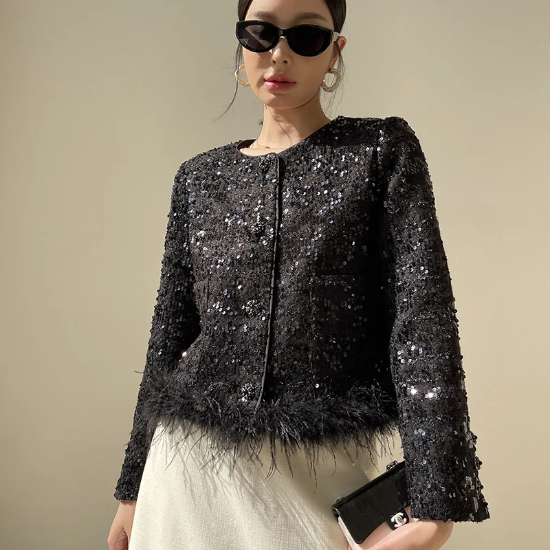 Luxury Cropped Jacket 2023 Autumn Winter Round Neck Sequined Feather Black Short Black Tweed Jacket Coat 
Luxury Cropped Jacket 2023 Autumn Winter Round Neck Sequined Feather Black Short Black Tweed Jacket Coat