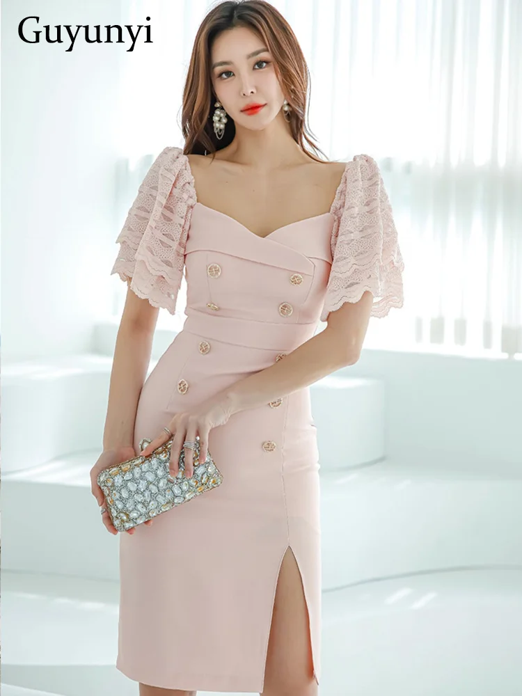 Elegant Office Lady Dress Summer Pink Lace Butterfly Sleeve Square Collar Decorative Double Breasted Buckle Party Dress Women
Elegant Office Lady Dress Summer Pink Lace Butterfly Sleeve Square Collar Decorative Double Breasted Buckle Party Dress Women
