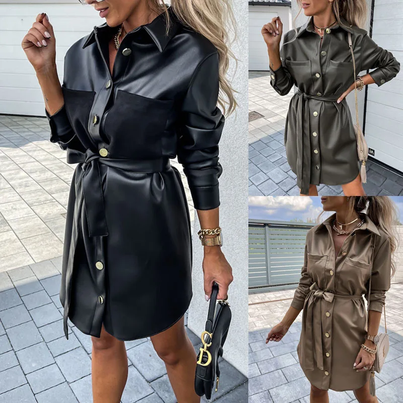 Women's dress autumn and winter hit single-breasted lapels sexy lace-up PU leather skirt long sleeve dress
Women's dress autumn and winter hit single-breasted lapels sexy lace-up PU leather skirt long sleeve dress