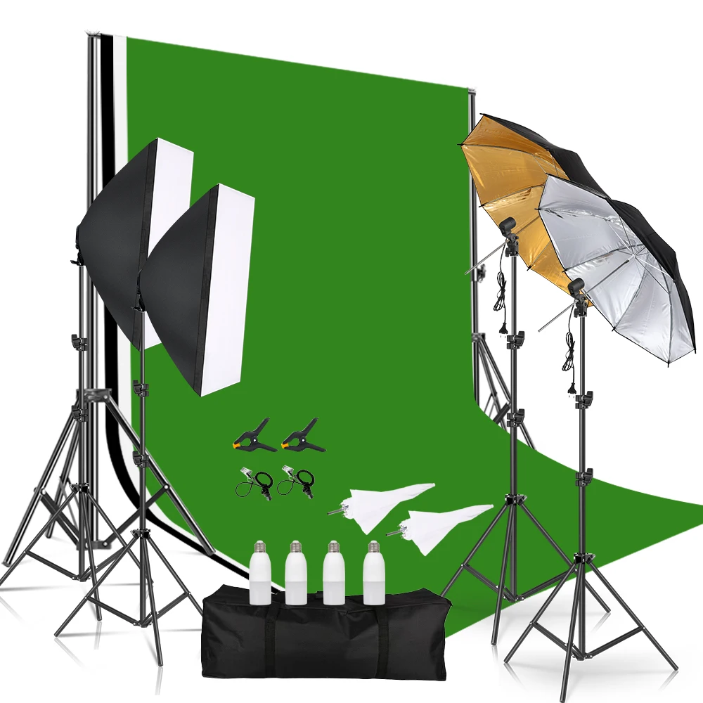 40W LED Photography Softbox Lighting Kit Backdrop Stand 33 Inch Umbrellas Continuous Photo Green White Black Backgrounds 
40W LED Photography Softbox Lighting Kit Backdrop Stand 33 Inch Umbrellas Continuous Photo Green White Black Backgrounds