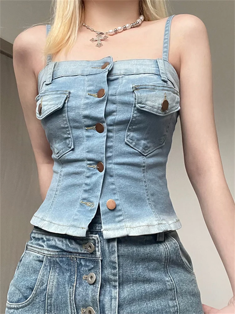 

2023 New Women's Denim Cami Backless Tops Spaghetti Strap V Neck Lace Crop Sleeveless Flap Pocket Button Down Tops Streetwear