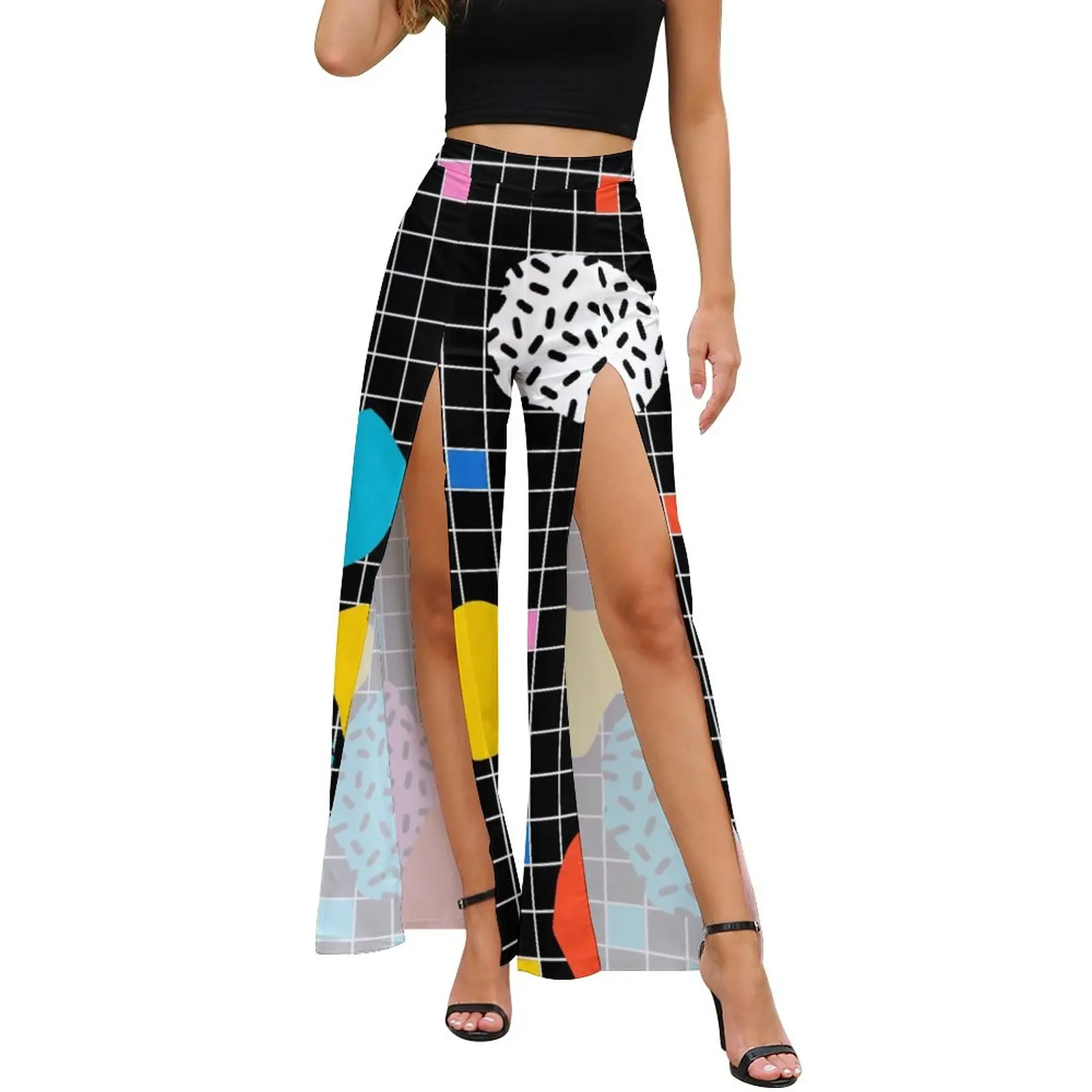 

Memphis Pants Female Grid Minimal 80s Vibes Street Wear Pattern Trousers Summer Slit Straight Modern Wide Leg Pants Gift Idea