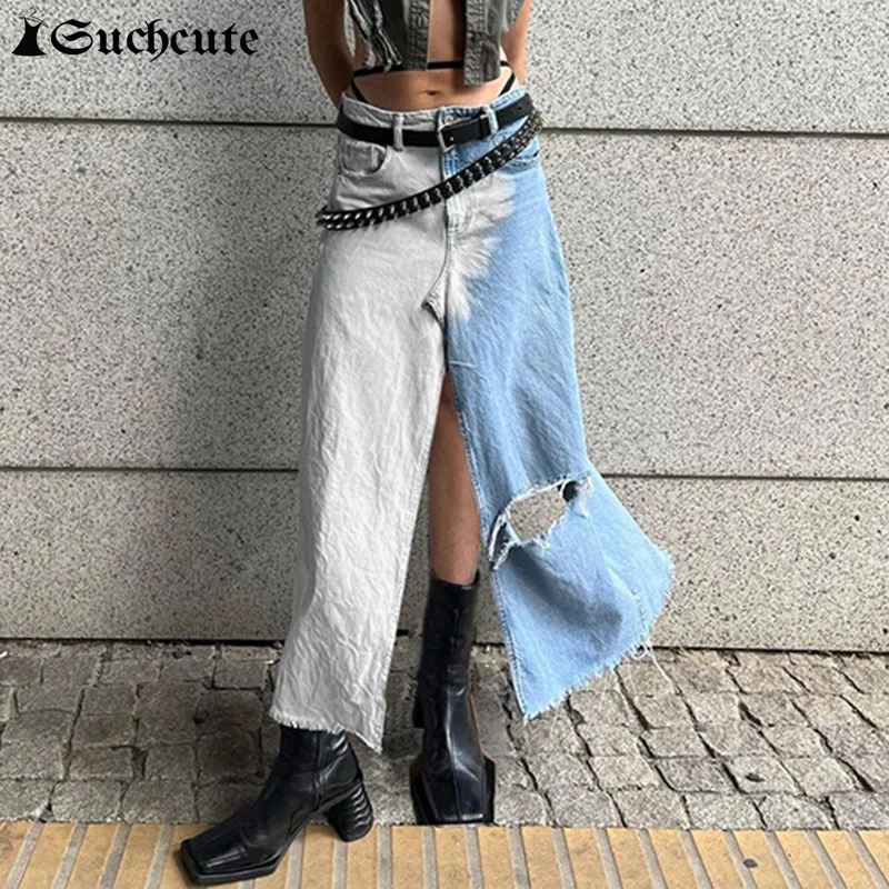 

SUCHCUTE Ripped Washed Korean Streeetwear Long Slit Skirt Denim Women Low Rise Y2K Grunge Acubi Fashion Summer Blue Jeans Skirt