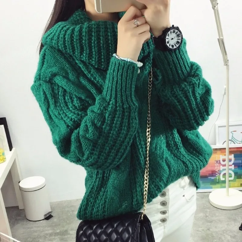 

High Neck Loose Knitted Shirts Tops New Women Thicken Turtleneck Twist Sweater Winter Oversized Hemp Twist Crocheted Pullovers