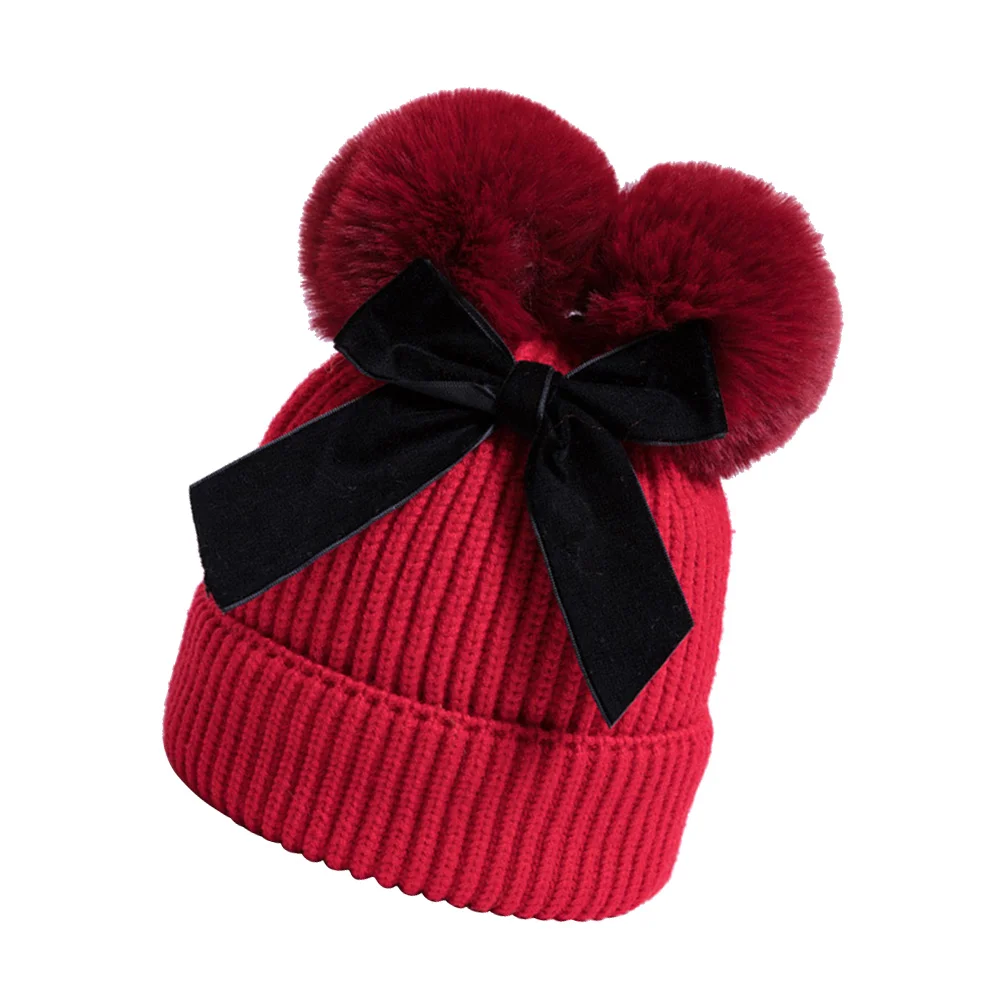 

Bonnets Babies Knit Warm Cap Bowknot Hat Pompon Knitted Winter Beanie Kids Child