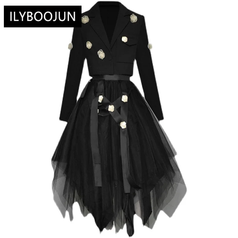 2023 Runway Luxury Designer Black Skirt Suit Women's Long Sleeve Applique Short Coat + Asymmetrical Mesh Skirts 2 Piece Set
2023 Runway Luxury Designer Black Skirt Suit Women's Long Sleeve Applique Short Coat + Asymmetrical Mesh Skirts 2 Piece Set