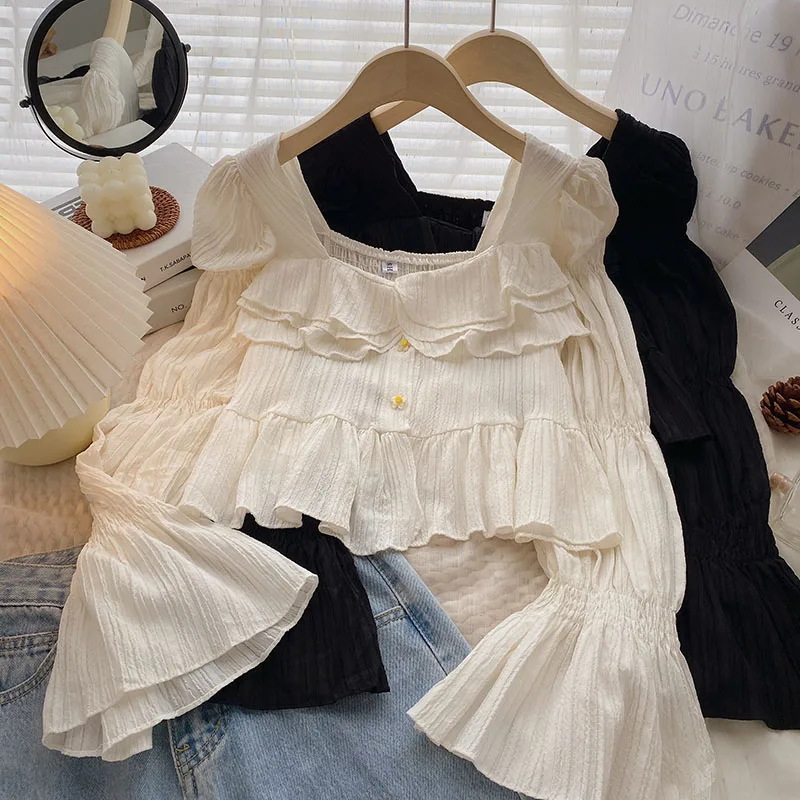Square Collar Clavicle-exposed Solid Color Flare Sleeve Shirts Single-breasted Slim Blouses Vintage Blusas Mujer De Moda 2023
Square Collar Clavicle-exposed Solid Color Flare Sleeve Shirts Single-breasted Slim Blouses Vintage Blusas Mujer De Moda 2023