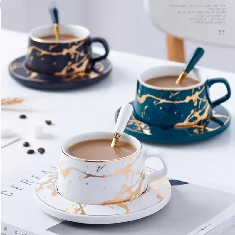 

2023New Style Marble matte gold series ceramic tea cup coffee mug luxurious Vintage Cafe Bar Mark cup Christmas party supplies